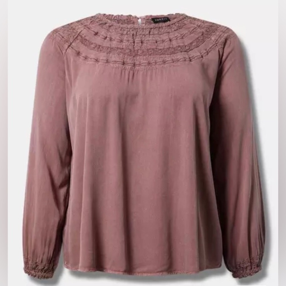 Torrid Wild Ginger Rayon Twill Crochet Yoke Blouson Sleeve Top